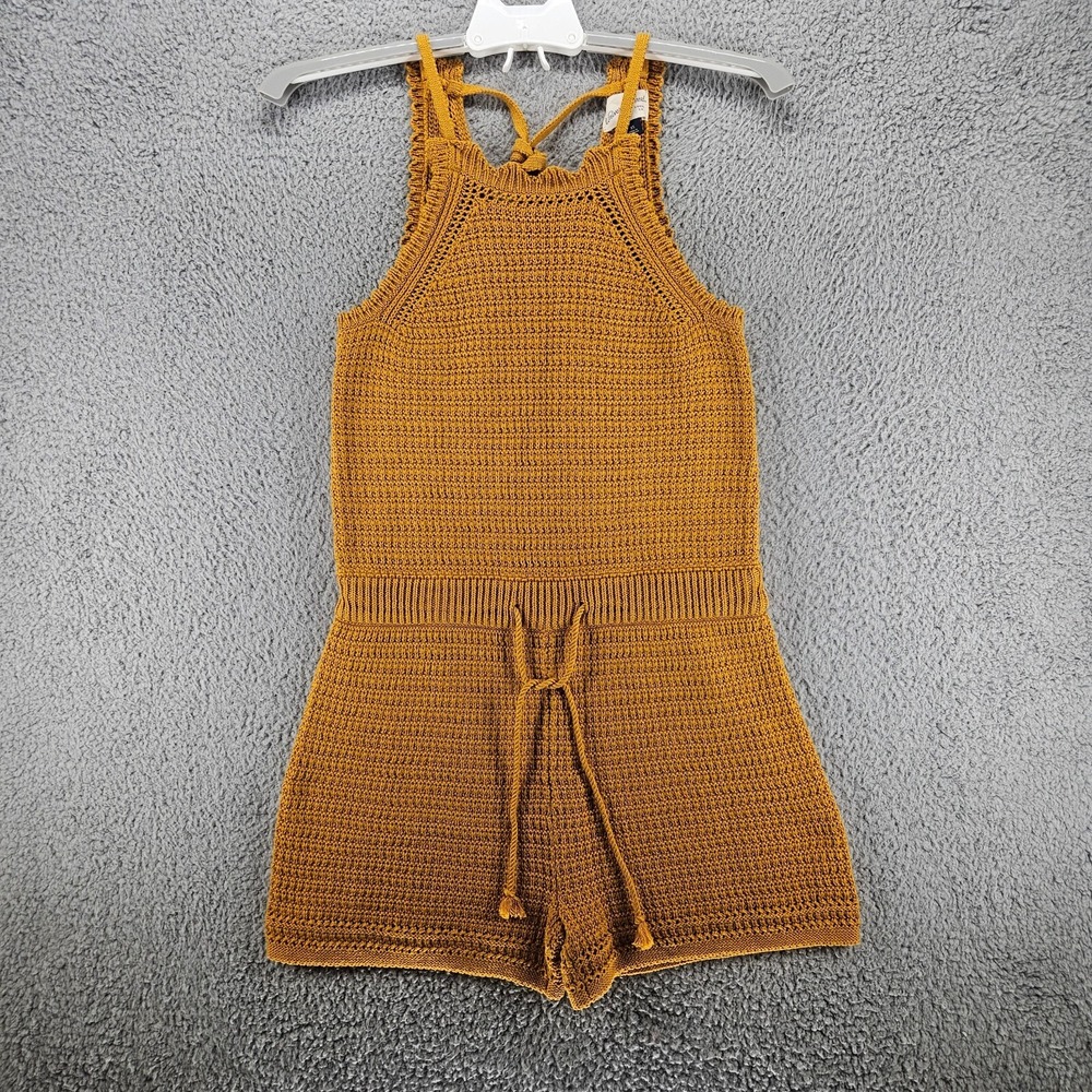 Universal Thread Mustard Yellow Crochet Cotton Romper XS Sleeveless Tie Back
